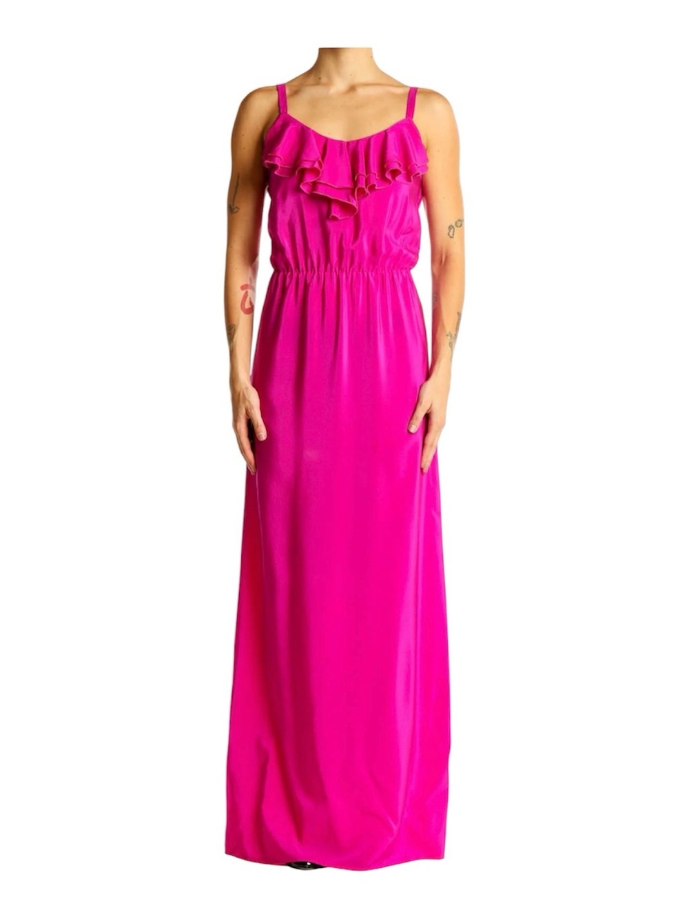 Amanda Uprichard Hot Pink 100% Silk Maxi Dress W/ Ruffled Neckline Medium